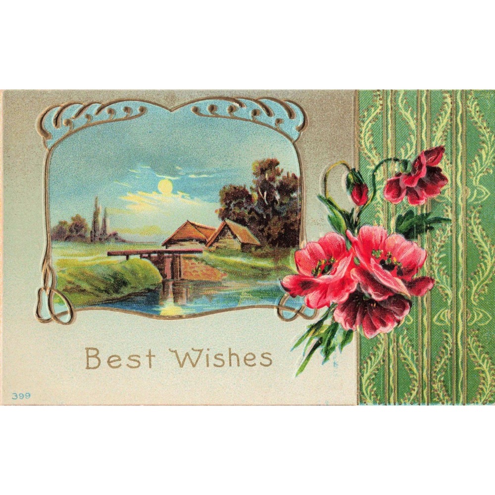 Antique Embossed Postcard Best Wishes Red Poppies Moonlit Cottage Landscape 399 - Picture 1 of 2